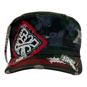 Camo Rhinestone Cross Cap Y2K Distressed Bling Hat